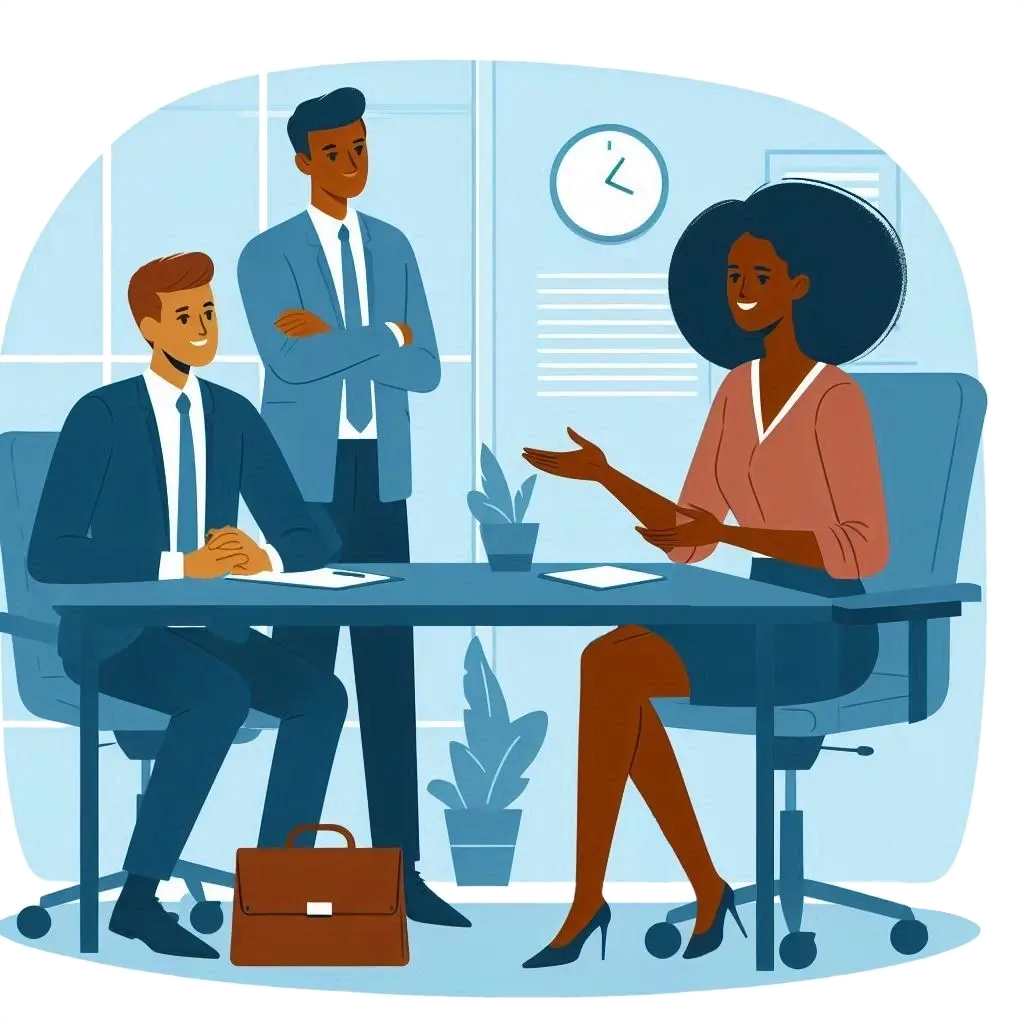 two men looking and listening to a woman coaching them on salary negotiation