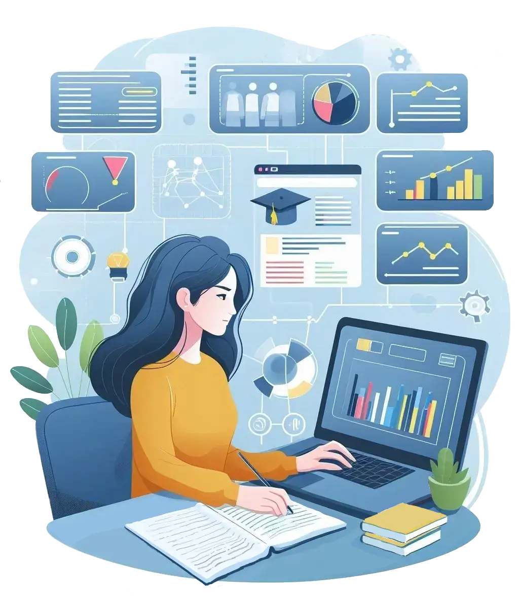 a woman reading a chart on a laptop while writing down some notes in a notebook