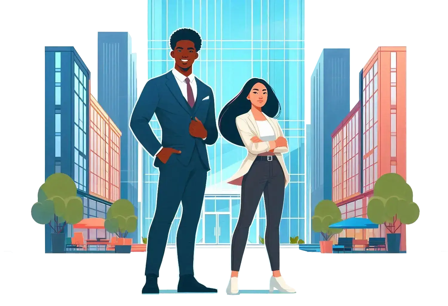 a man and woman in business attire standing proud in front of an office building