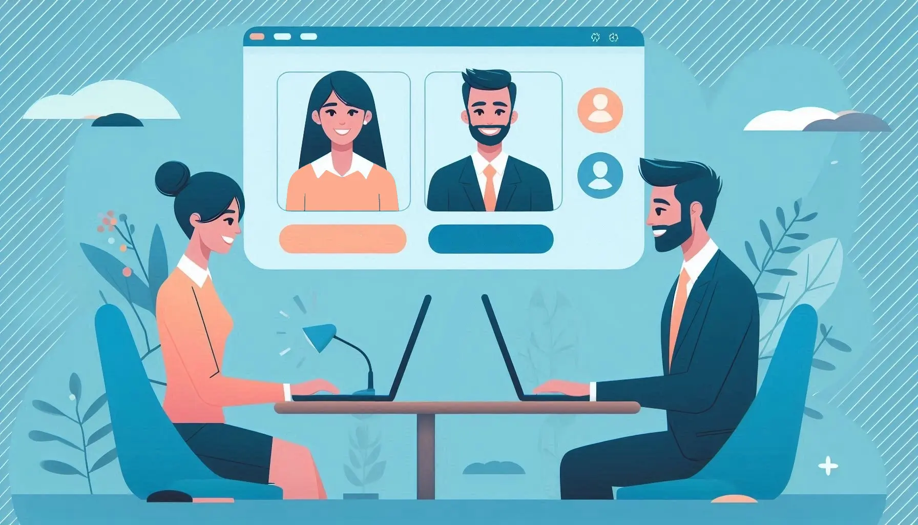 a woman and man sitting on a table while on a virtual call together